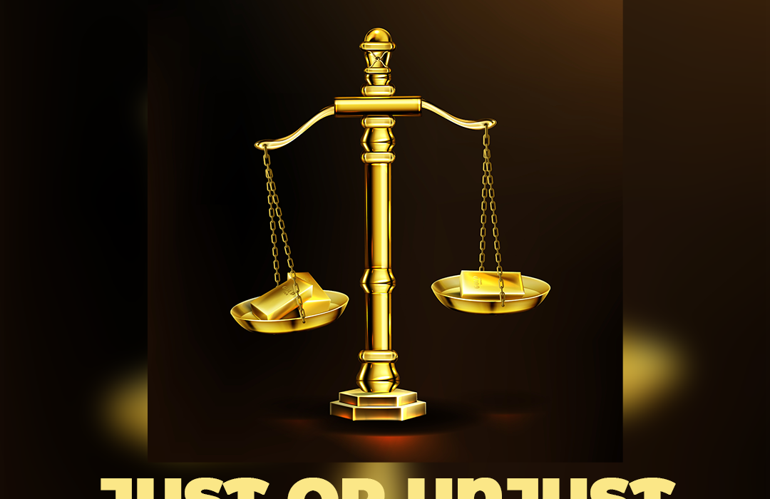 Image of a golden justice scale weighing gold on both ends